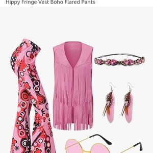 Halloween costume Boho Pink Floral Flared Pants, fringed vest and accessories